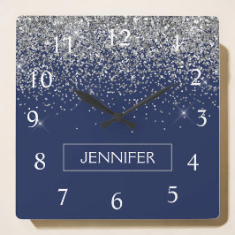 Silver marinblå Glitter Girly Monogram Namn Fyrkantig Klocka