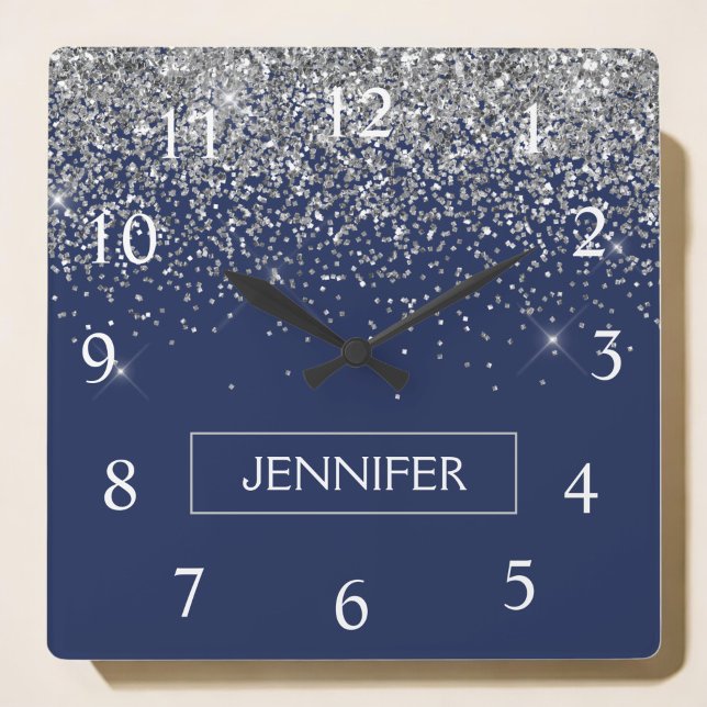 Silver marinblå Glitter Girly Monogram Namn Fyrkantig Klocka (Skapare uppladdad)