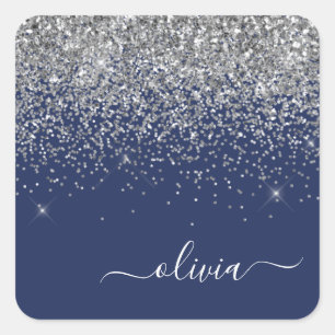 Silver marinblå Glitter Girly Monogram Namn Fyrkantigt Klistermärke
