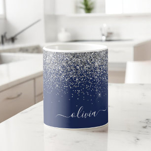 Silver marinblå Glitter Girly Monogram Namn Kaffemugg
