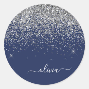 Silver marinblå Glitter Girly Monogram Namn Runt Klistermärke