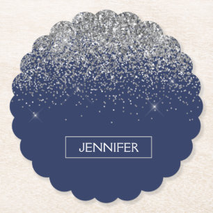 Silver marinblå Glitter Girly Monogram Namn Underlägg Papper