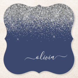 Silver marinblå Glitter Girly Monogram Namn Underlägg Papper