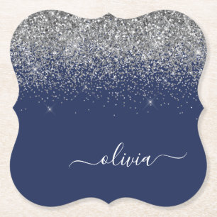 Silver marinblå Glitter Girly Monogram Namn Underlägg Papper
