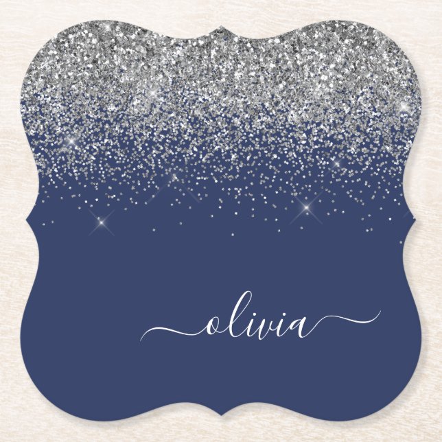 Silver marinblå Glitter Girly Monogram Namn Underlägg Papper (Framsida)
