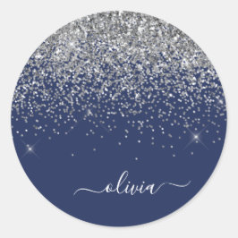 Silver Marinblå Glitter Girly Monogramnamn Runt Klistermärke