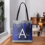 Silver Marinblå Glitter Glans Elegant Monogram Tygkasse<br><div class="desc">Lyx Silver och Marinblå Falsk Glitter och Droppande Glitter Metallisk Rostfri Stål Folie Elegant Monogram Väska. Denna väska kan anpassas för att inkludera din initial och förnamn och ges som en present till jul,  Sweet 16,  18-årsdag,  21-årsdag,  30-årsdag,  40-årsdag,  50-årsdag eller 60-årsdag,  Bröllopsdusch eller Bröllop.</div>
