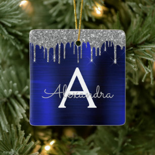 Silver marinblå Glitter Monogram Namn Julgransprydnad Keramik
