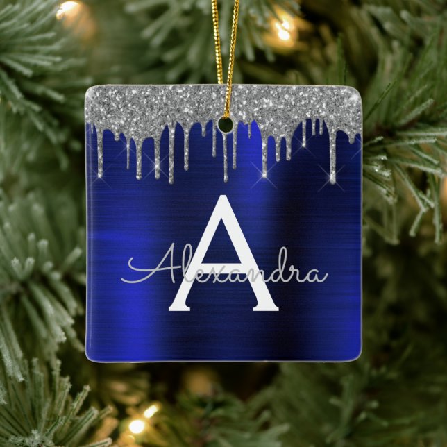 Silver marinblå Glitter Monogram Namn Julgransprydnad Keramik (Träd)