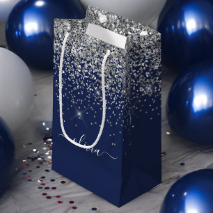 Silver Marinblå Glitter Tjejaktig Monogram Namn