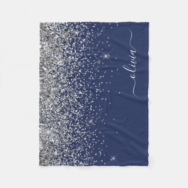 Silver Marinblå Glitter Tjejaktig Monogram Namn Fleecefilt (Framsidan)