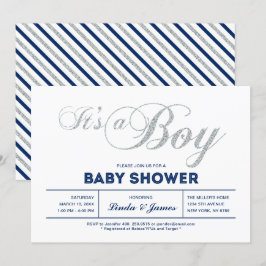 Silver, Marinblå | Modern Typografi Pojk Babyshowe Inbjudningar