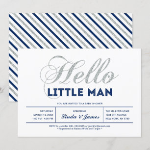Silver, Marinblå Modern typografi Pojke Babyshow Inbjudningar