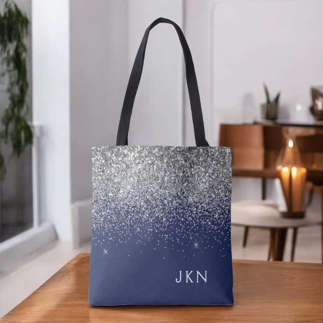 Silver Marinblå Tjej Glitter Gnistrande Monogram Tygkasse (Skapare uppladdad)