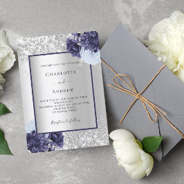 Silver marinblått blommigt bröllop inbjudningar