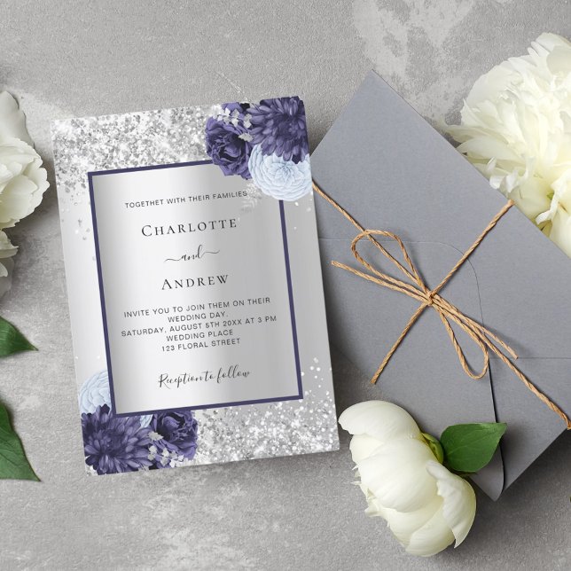 Silver marinblått blommigt bröllop inbjudningar (Skapare uppladdad)