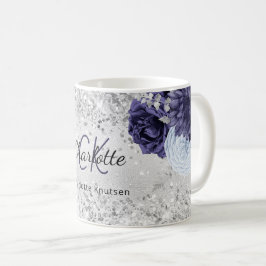Silver marinblått blommigt elegant monogram namn kaffemugg