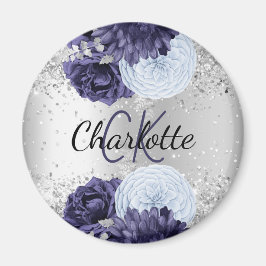 Silver marinblått blommigt elegant monogram namn magnet
