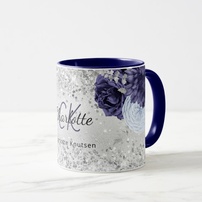 Silver marinblått blommigt elegant monogram namn mugg (Framsida höger)
