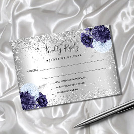 Silver marinblått blommigt glitter bröllop OSA Anteckningskort