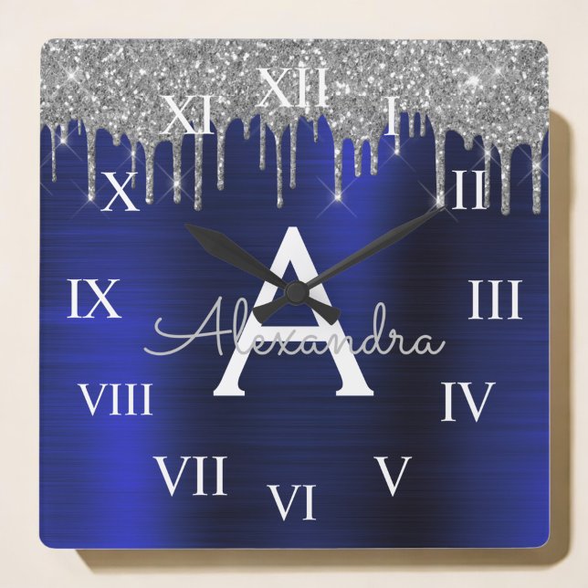 Silver marinblått Glitter Brushed Metall Monogram Fyrkantig Klocka (Skapare uppladdad)