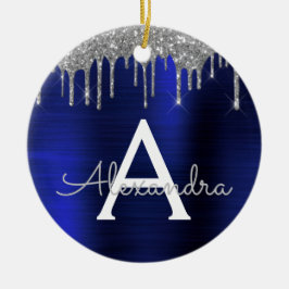 Silver marinblått Glitter Brushed Metall Monogram Julgransprydnad Keramik