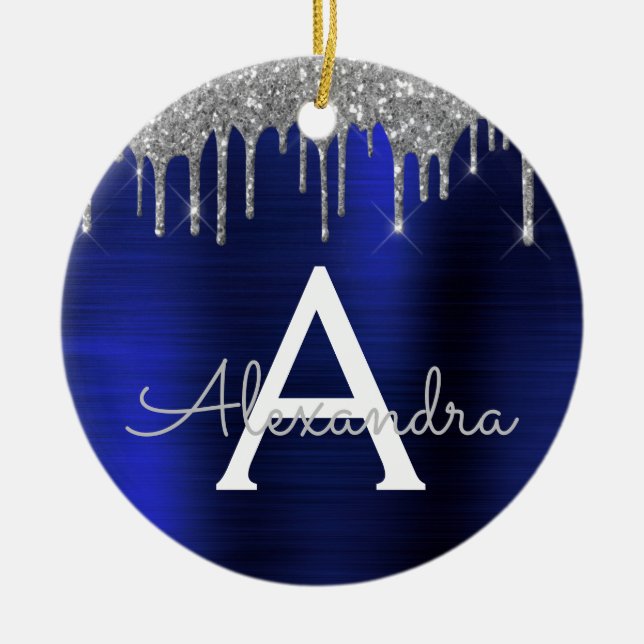 Silver marinblått Glitter Brushed Metall Monogram Julgransprydnad Keramik (Framsidan)