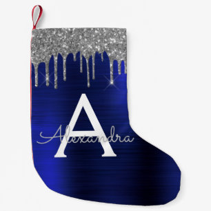 Silver marinblått Glitter Brushed Metall Monogram Liten Julstrumpa