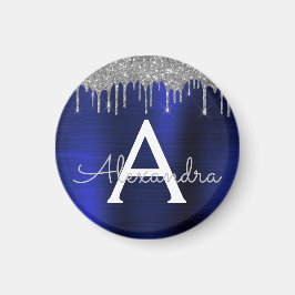 Silver marinblått Glitter Brushed Metall Monogram Magnet