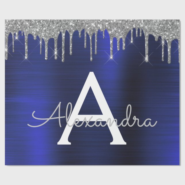 Silver marinblått Glitter Brushed Metall Monogram Presentpapper (Platt)