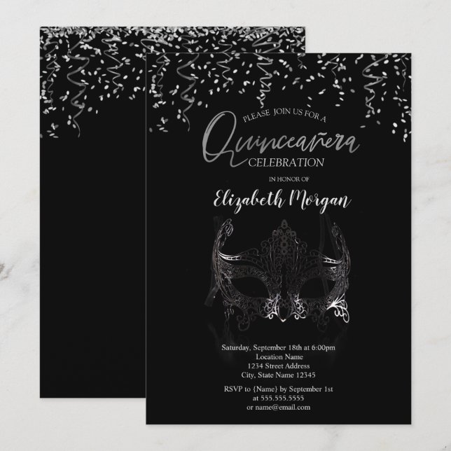 Silver Masque, Konfettimaskerad Quinceañera Inbjudningar (Fram/baksida)