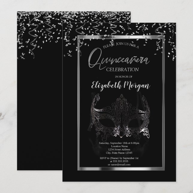 Silver Masque,Ram,Konfetti Quinceañera Inbjudningar (Fram/baksida)