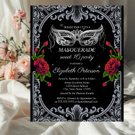 Silver Masque Röd ros Gothic Sweet 16 Inbjudan Vykort