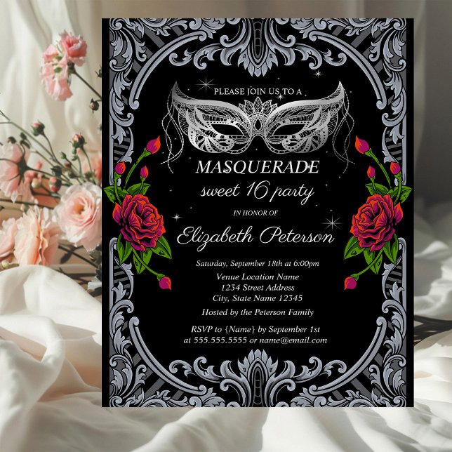 Silver Masque Röda Rosor Gothic Sweet 16 Inbjudan Vykort (Skapare uppladdad)