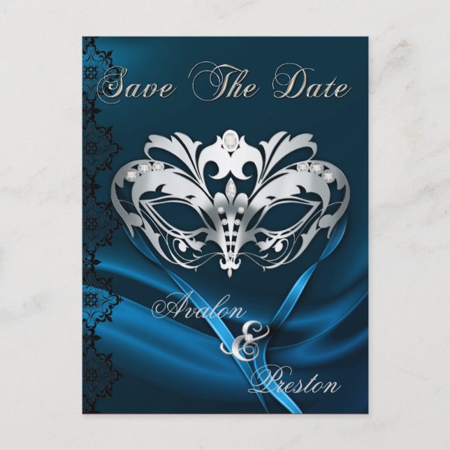 Silver Masquerade Blå Juvel Spara Datum Meddelande Vykort (Framsida)