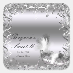 Silver Masquerade Mask Elegant Bal Födelsedagsfest Fyrkantigt Klistermärke