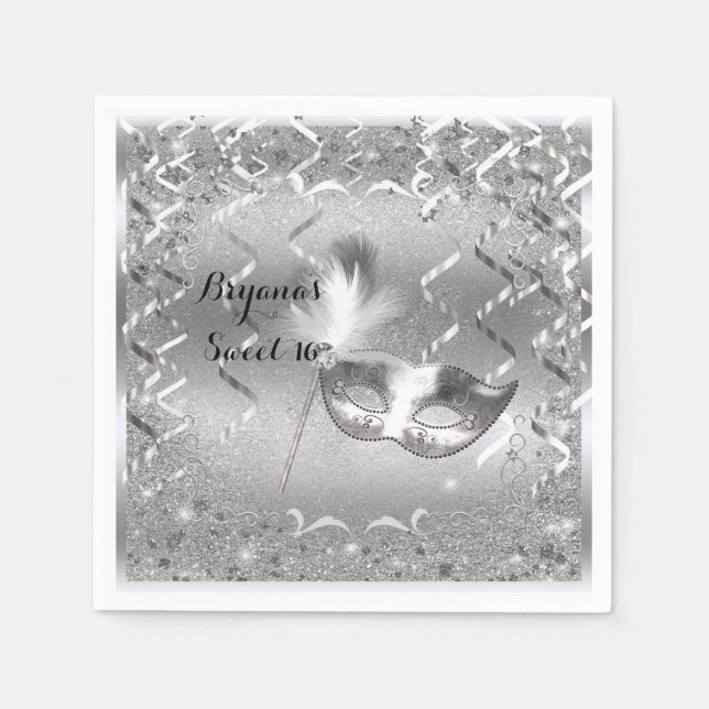 Silver Masquerade Mask Elegant Bal Födelsedagsfest Pappersservett (Framsidan)