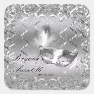 Silver Masquerade Mask Elegant Ball Födelsedagsfes Fyrkantigt Klistermärke