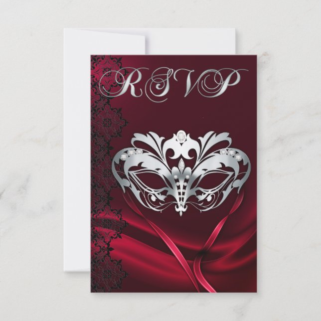 Silver Masquerade Röd Juvelbesatt RSVP Inbjudan (Framsida)