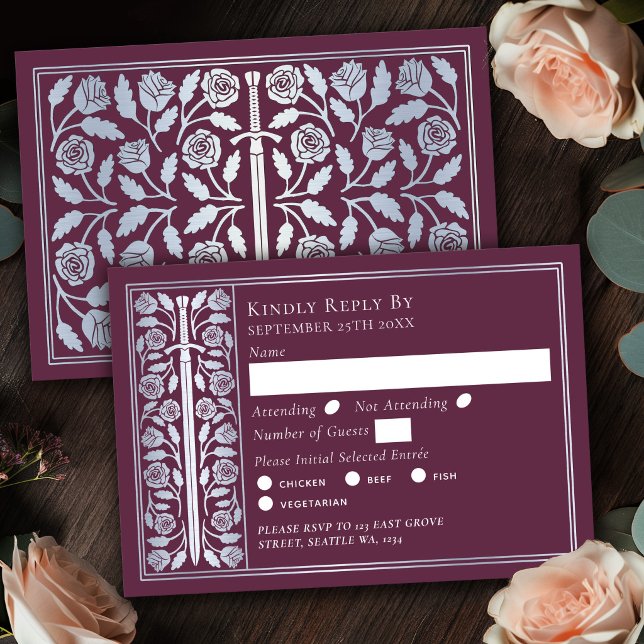 Silver Mauve Medeltida Svärd Bröllop RSVP OSA Kort (Skapare uppladdad)