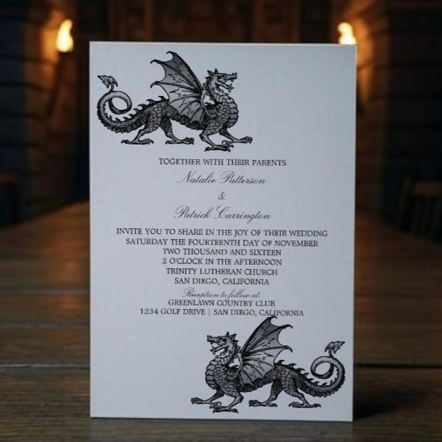 Silver Medeltida Drak Bröllopsinbjudan Inbjudningar (Silver Medieval Dragon Wedding Invite)