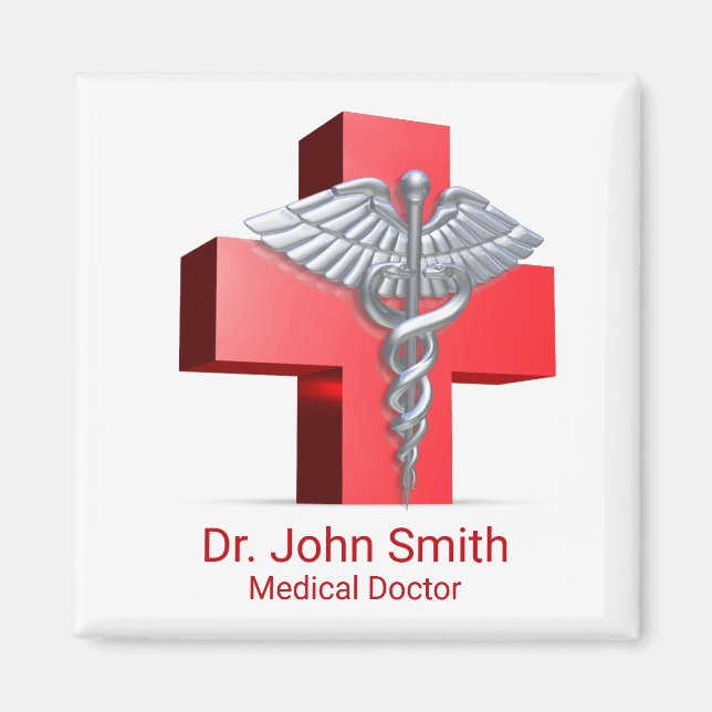 Silver Medical 3D Caduceus Kor Red Magnet (Framsidan)
