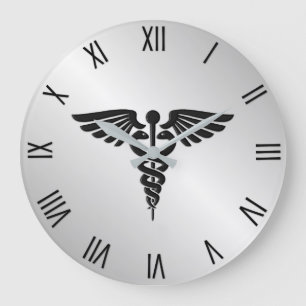 Silver Medical Caduceus w Black Numerals Stor Klocka