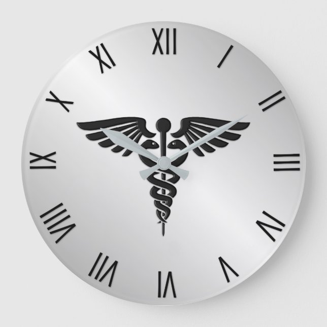 Silver Medical Caduceus w Black Numerals Stor Klocka (Framsida)