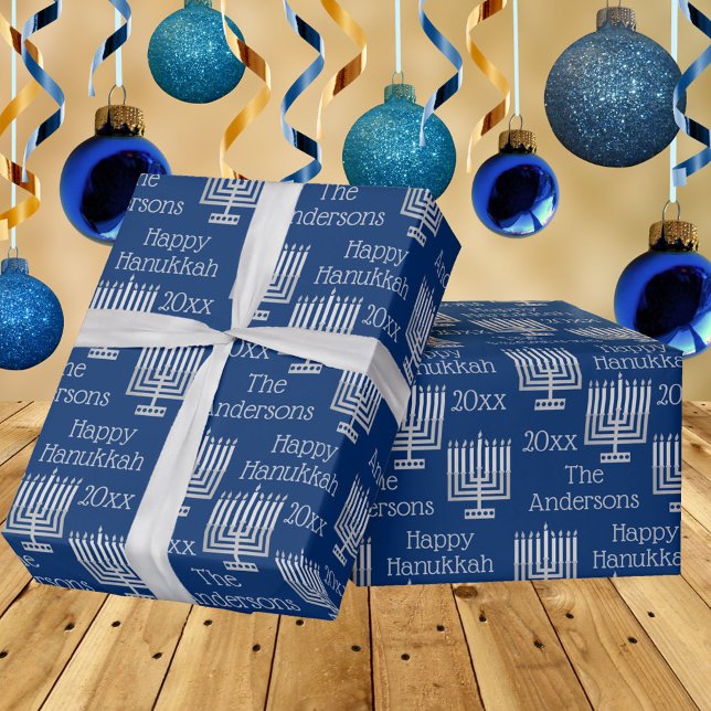 Silver Menorah Blue Chic Hanukkah Personlig Presentpapper (Skapare uppladdad)