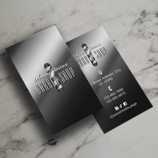 Silver metal barber pole barbershop visitkort (Skapare uppladdad)