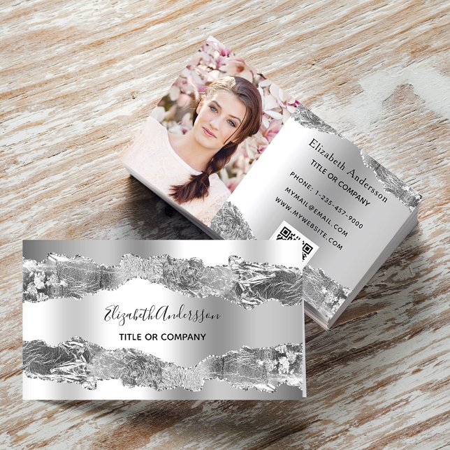 Silver metall agate marble QR-kodfoto Visitkort (Skapare uppladdad)