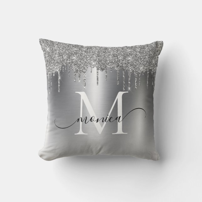 Silver Metall Glitter driver Monogram Namn Kudde (Framsida)