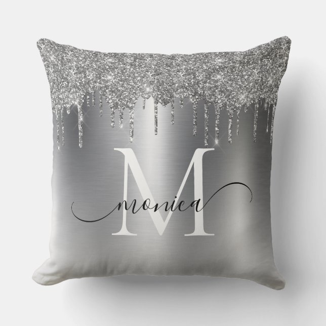Silver Metall Glitter driver Monogram Namn Kudde (Framsida)