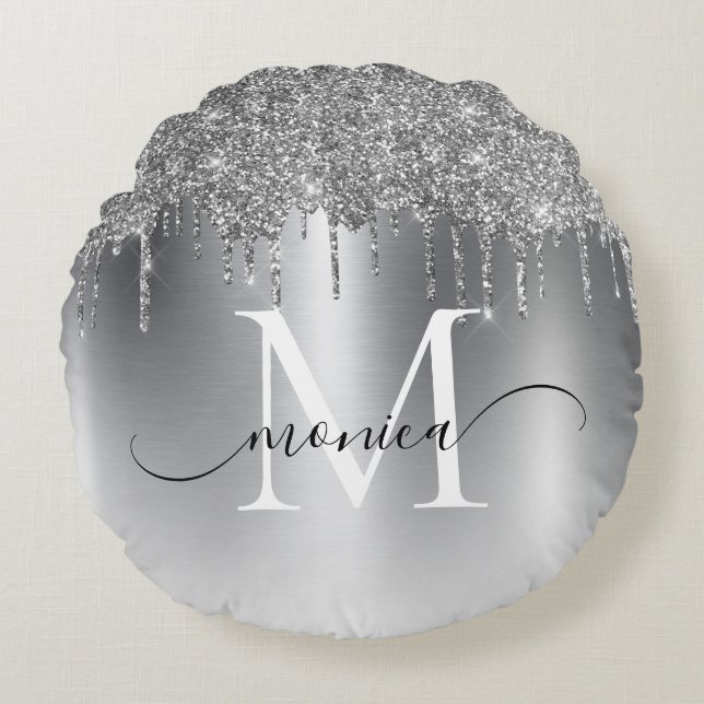 Silver Metall Glitter driver Monogram Namn Rund Kudde (Framsidan)